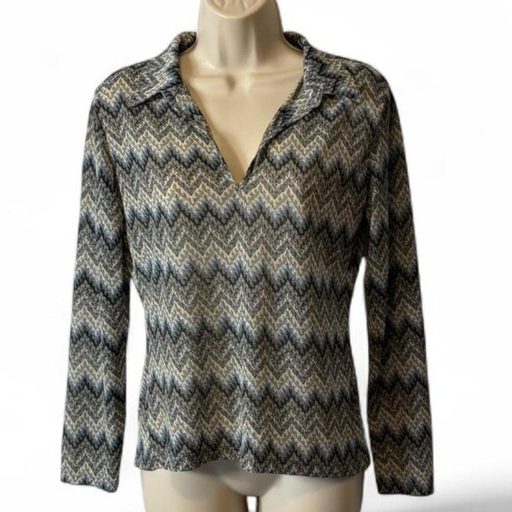 Vintage Y2K New York & Company Chevron Zigzag Earth Tones Blouse, Women's Size M
